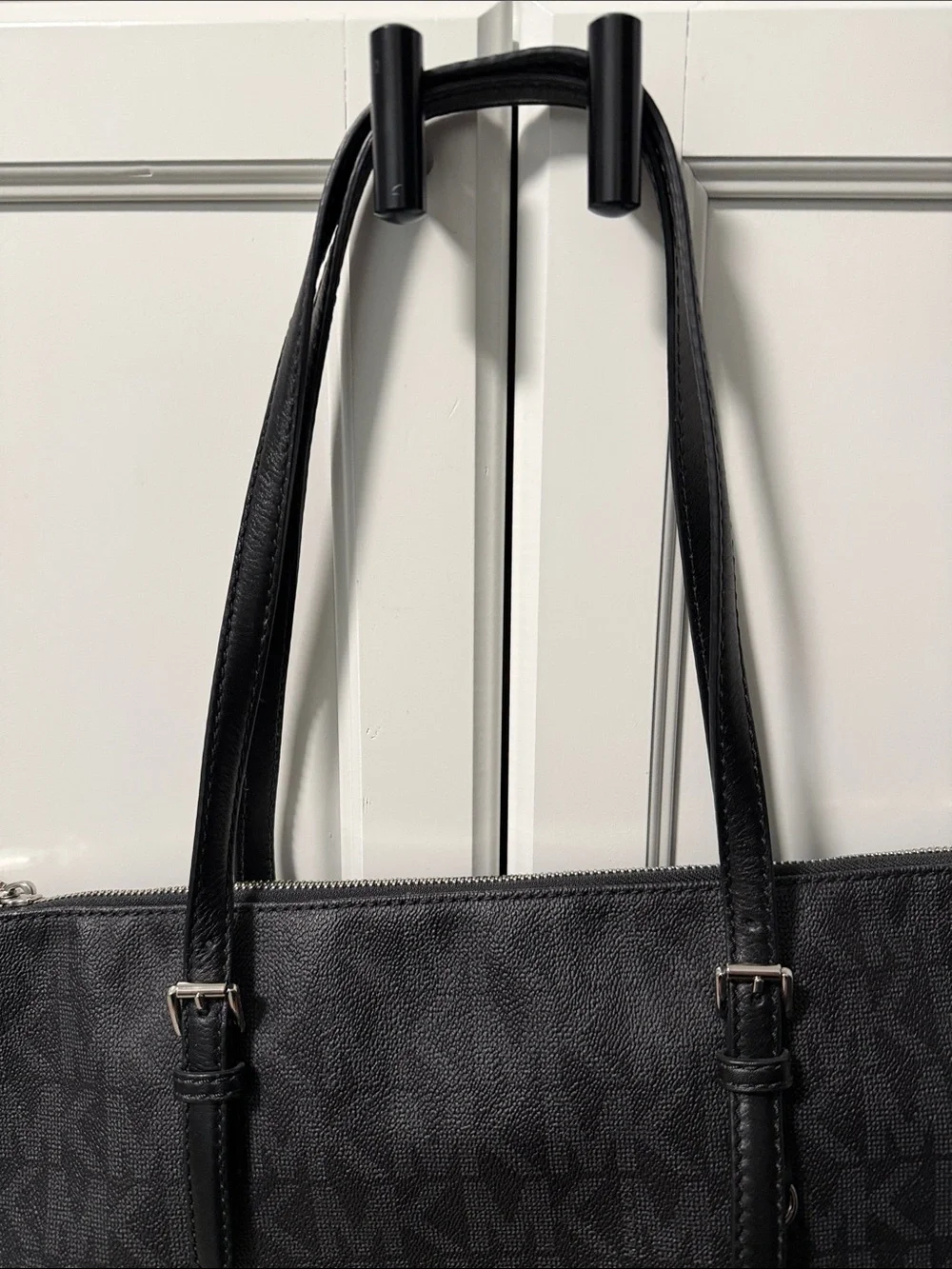 Michael Kors Black Logo Tote Bag- signature MK print; silver hardware